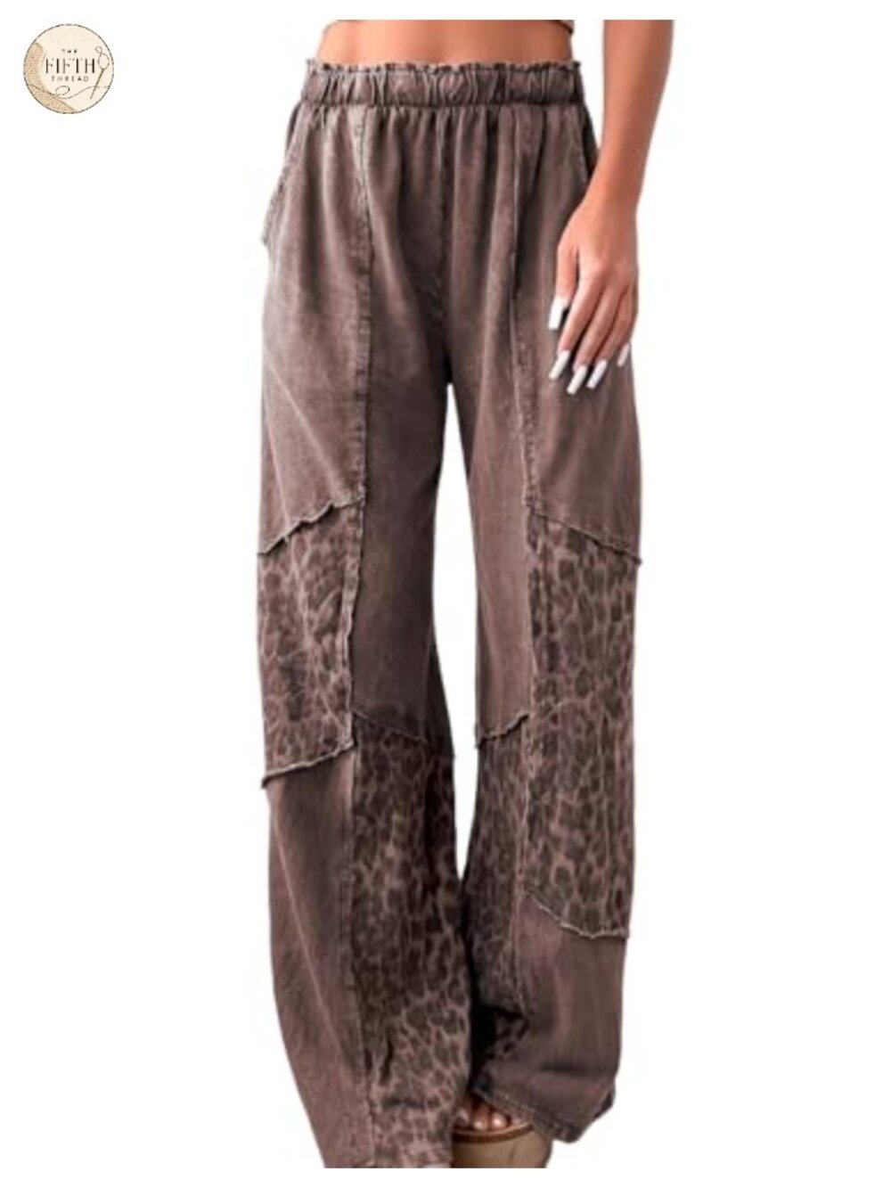 SELINK Women Wide Leg Leopard Patchwork Pants Pockets Casual